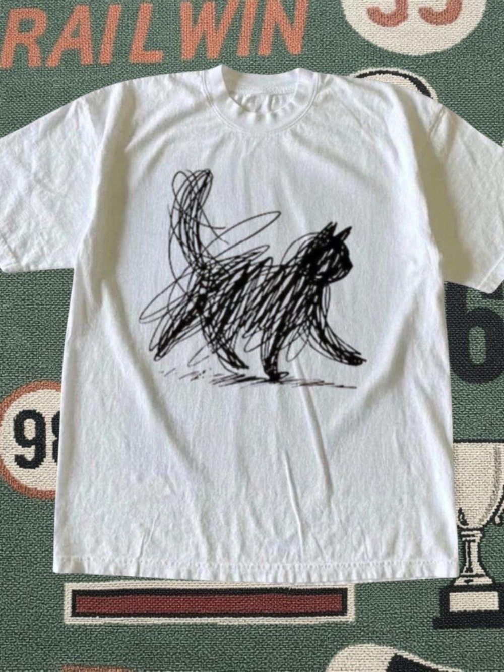 Gildan White Tee with Black Scribble Cat Graphic